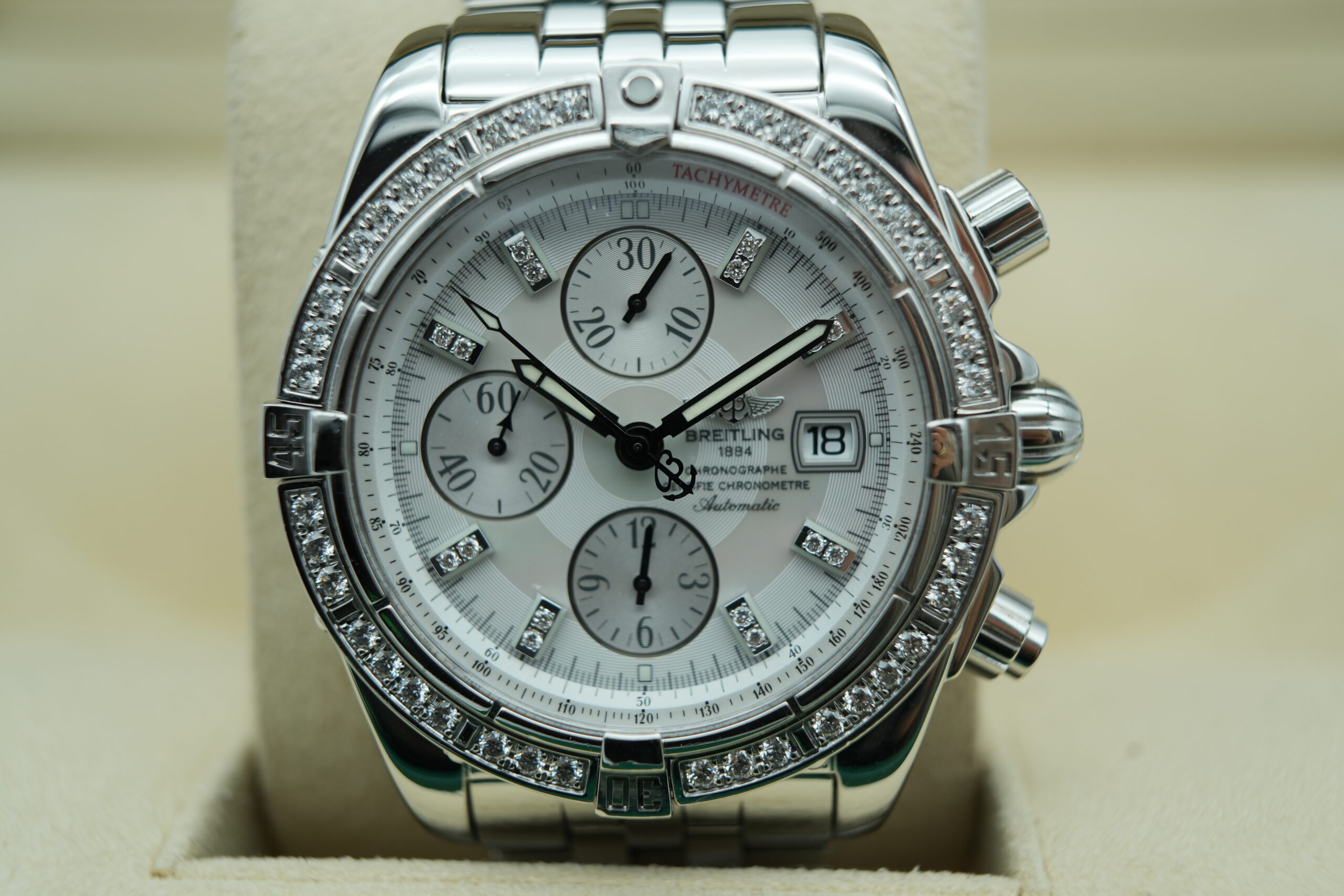 Breitling A1335653 Chronomat Evolution   Factory MOP Diamond Dial and Bezel